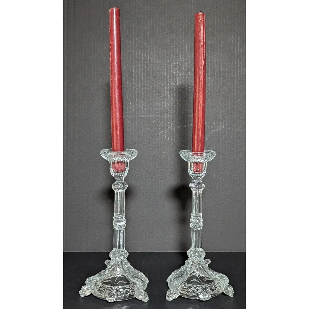 Vtg Clear European Pressed-Glass Koi Fish/Dolphin-Footed Candlesticks (Pair)